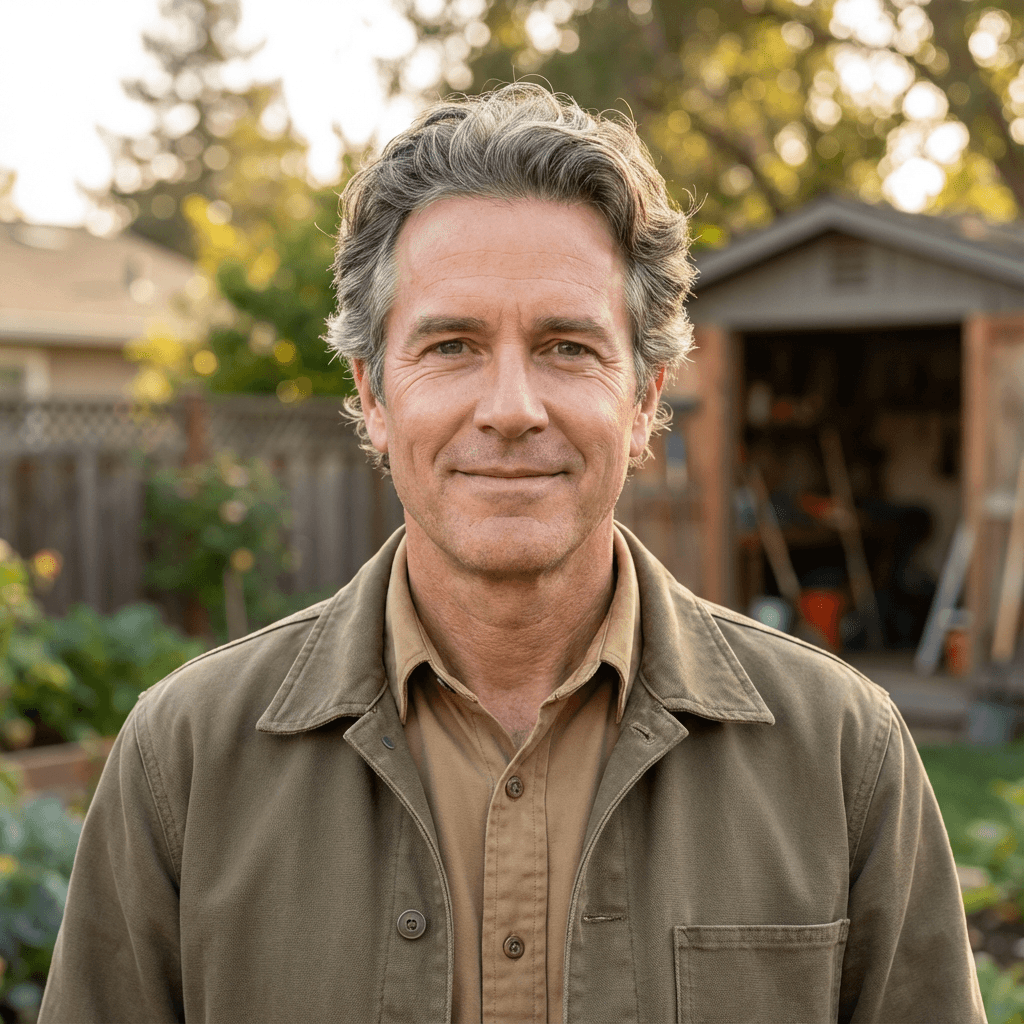 Male homeowner in his mid 40s, white, smiling in a casual living room setting