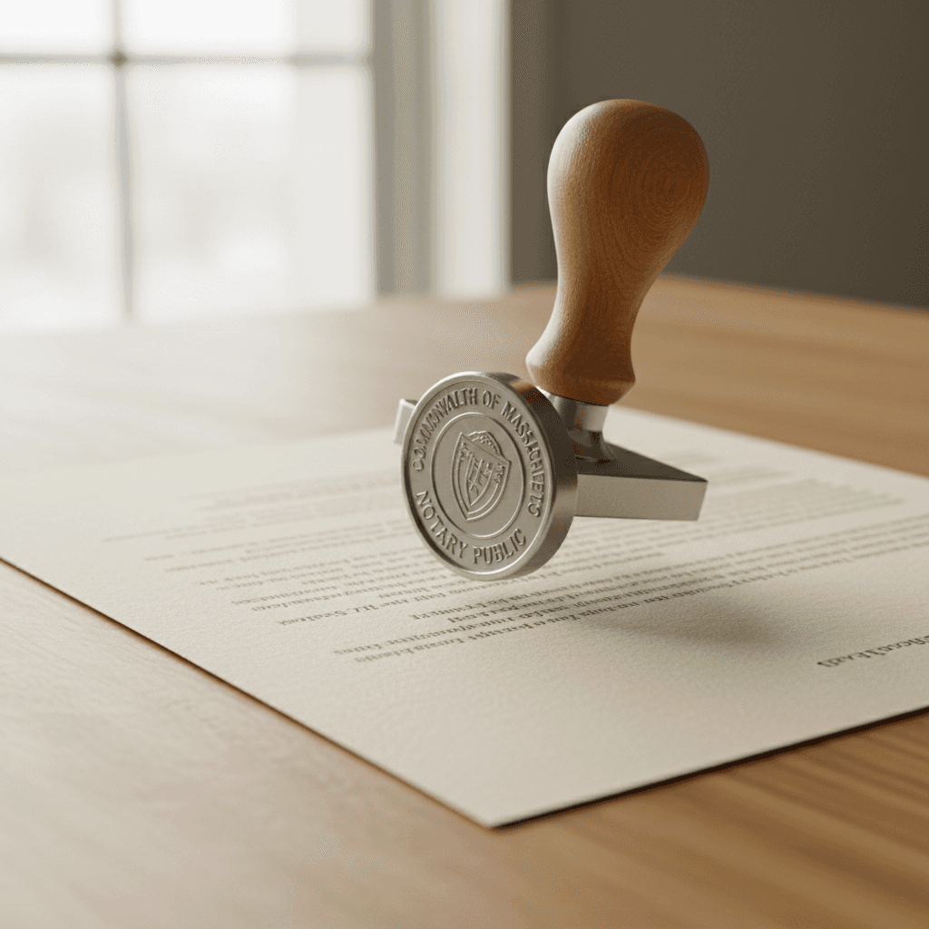 Close-up of a notary stamp on a document on a wooden table