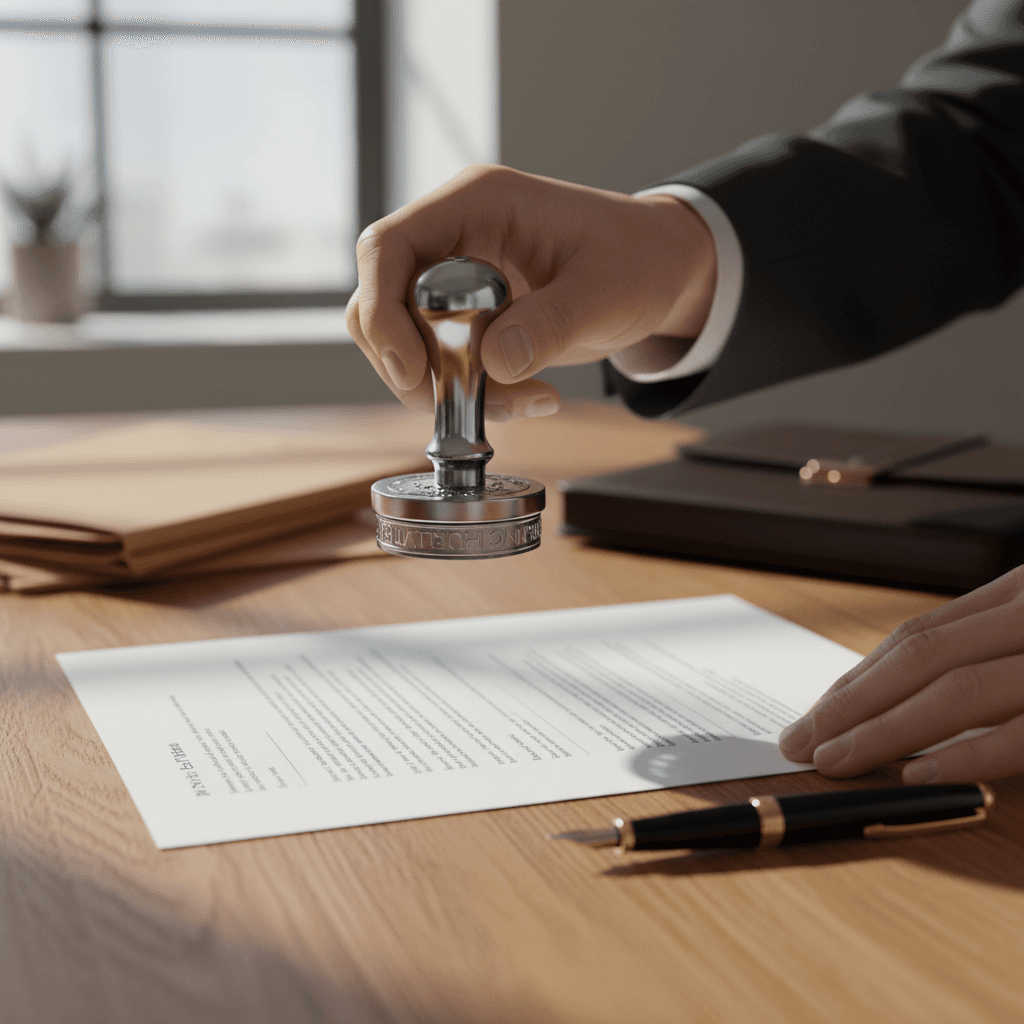 Female notary holding a stamp and document at a table in a bright home setting
