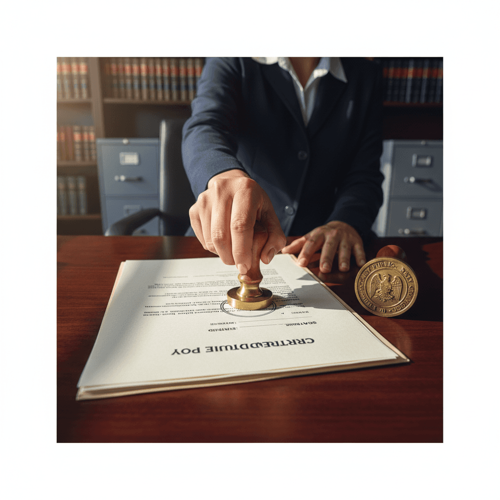 Notary stamp and signed document on a wooden table
