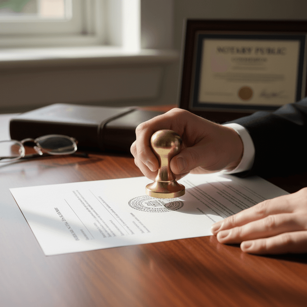 Notary stamp pressing on a signed document on a wooden desk