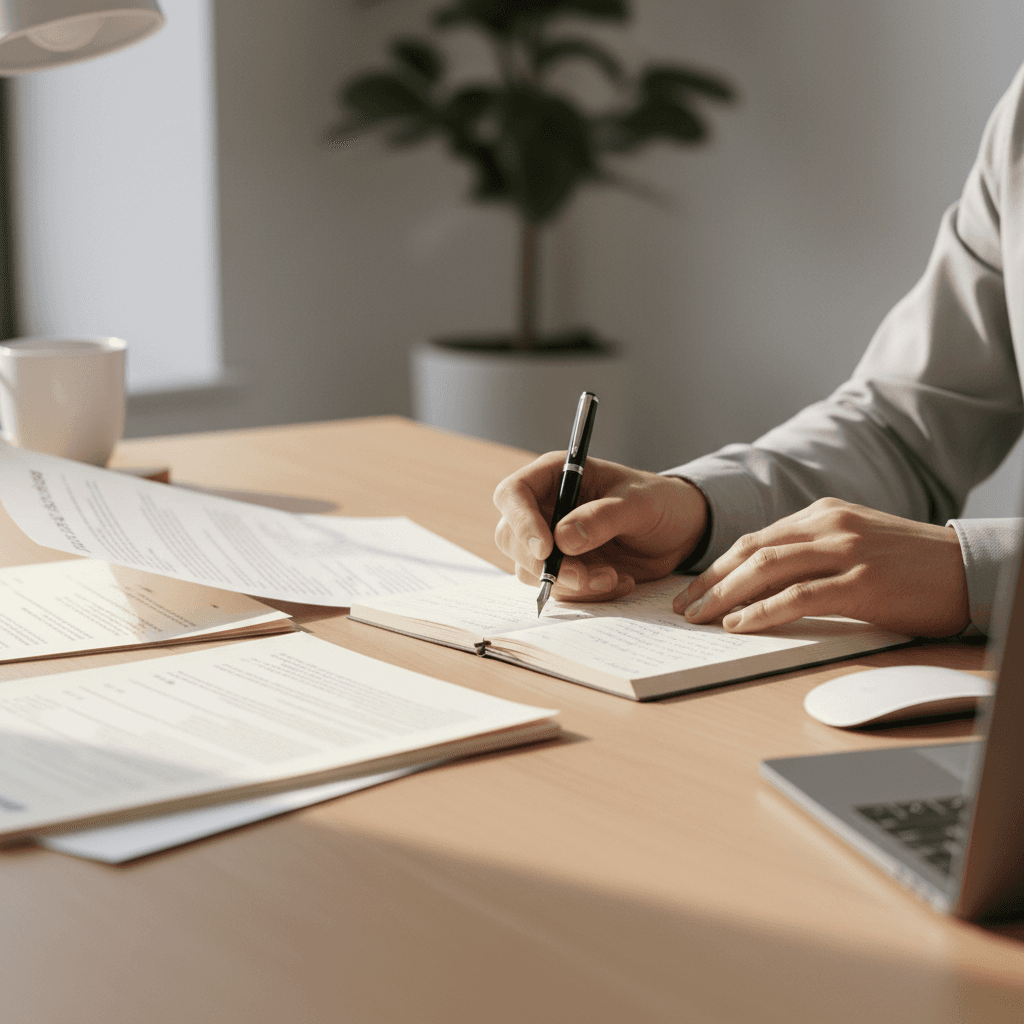 Hands stacking official documents on a clean wooden desk