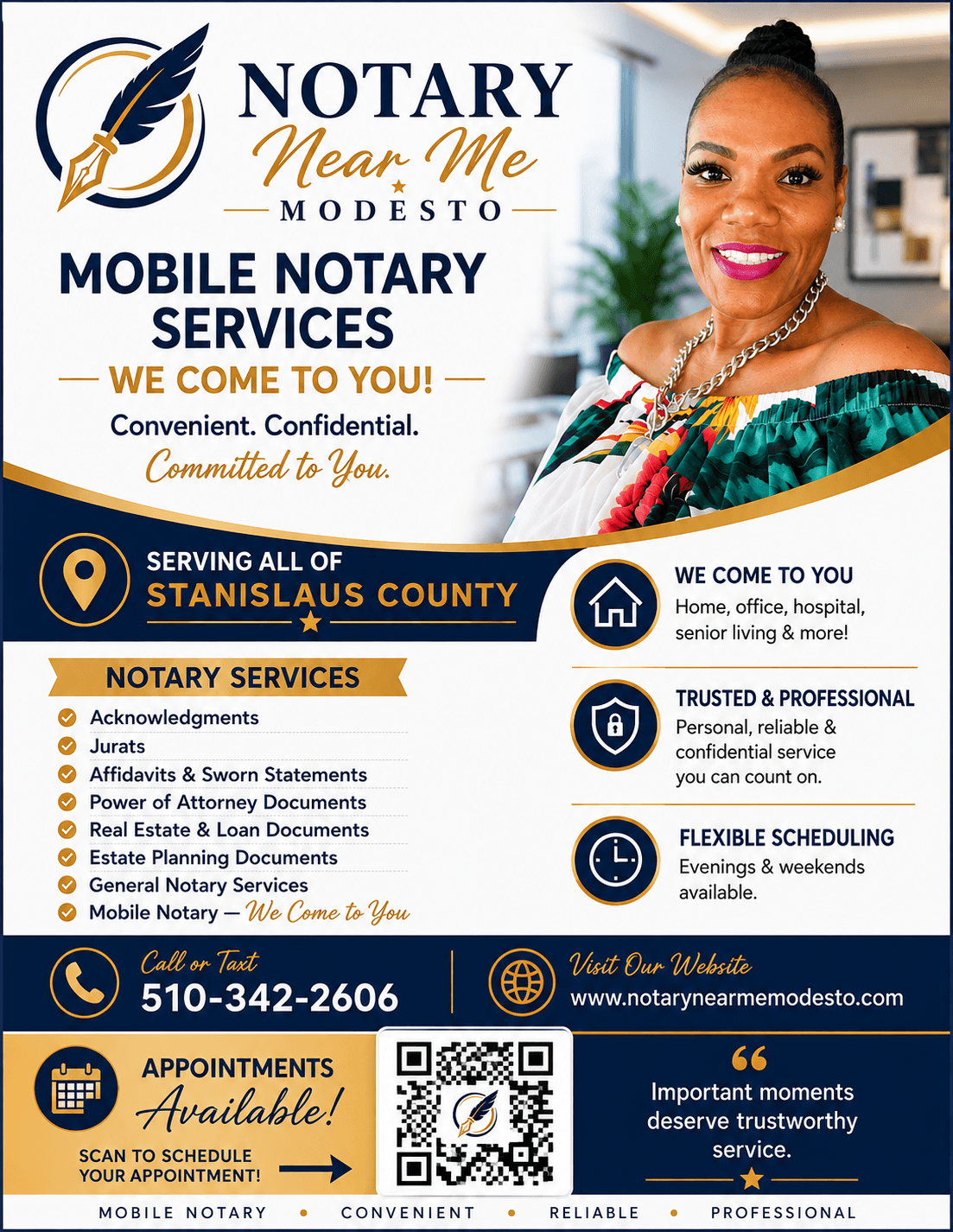 Notary Near Me Modesto flyer advertising mobile notary services featuring a smiling professional woman.